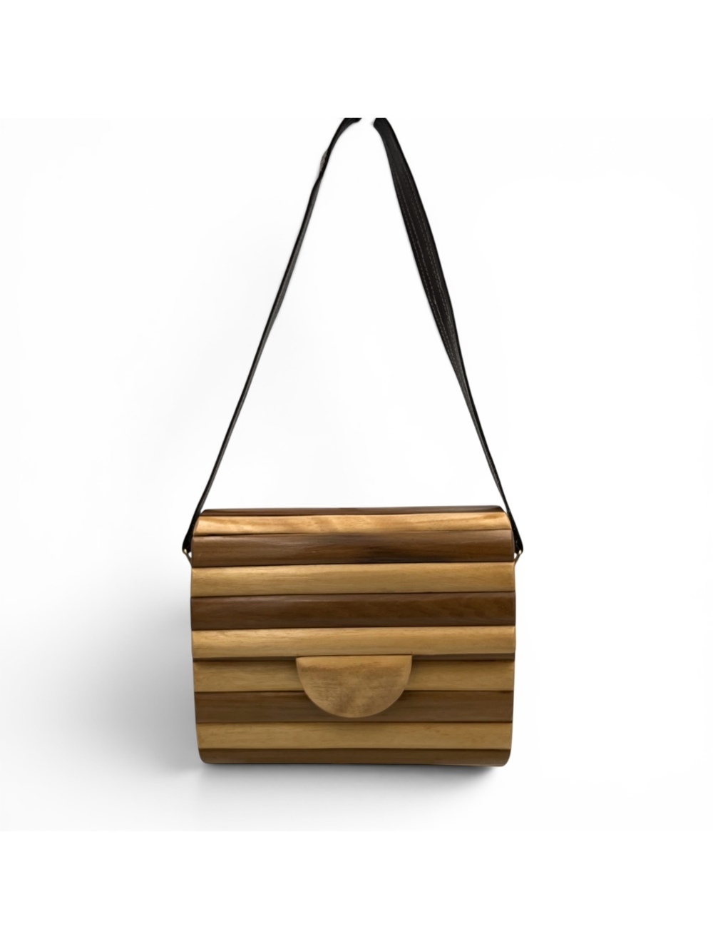 Vintage Wooden Shoulder Bag with Brown Strap